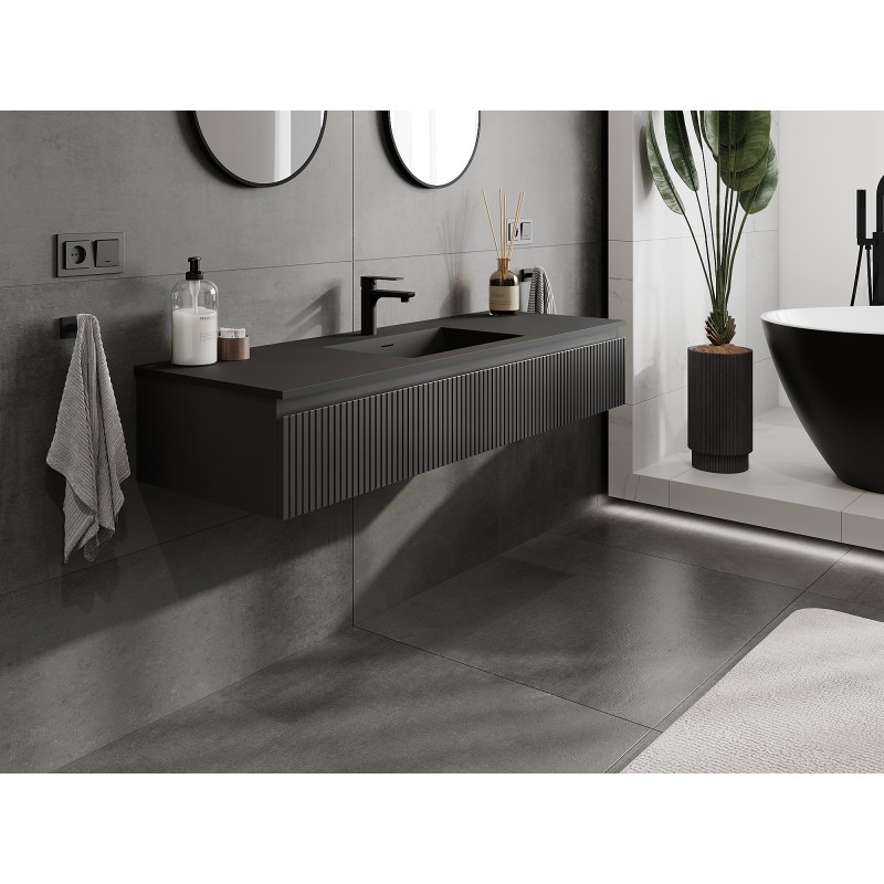 Mexen Rivel meuble de salle de bain 140 cm avec lave-mains Otis, 1 tiroir, rainuré, noir mat - 91A20-14023-1-BF71-W18M71