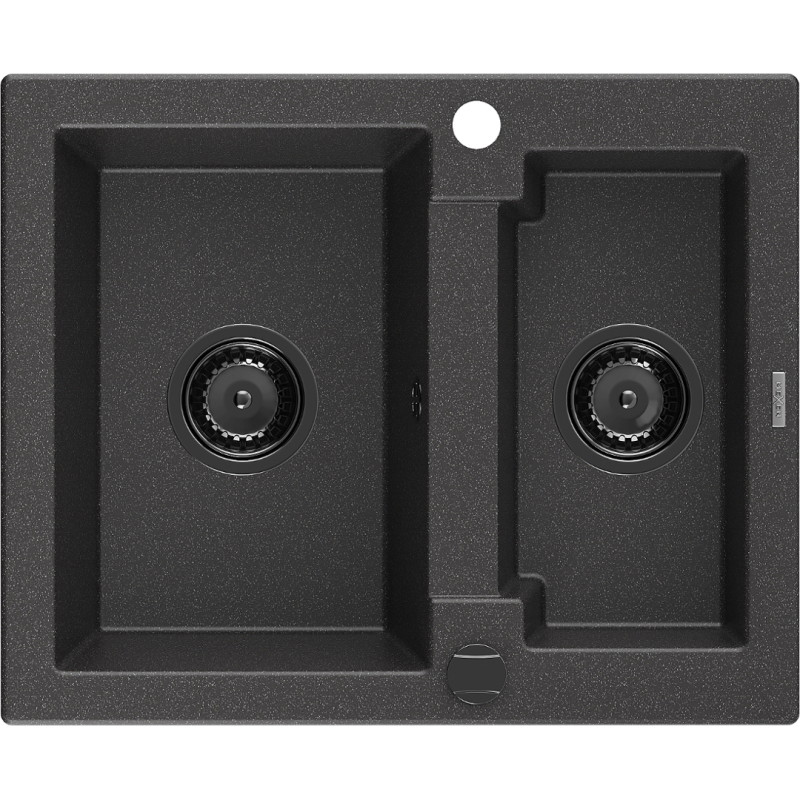 Mexen Carlos évier en granit à 1,5 bac 582 x 475 mm, noir moucheté, siphon noir - 6518581500-76-B