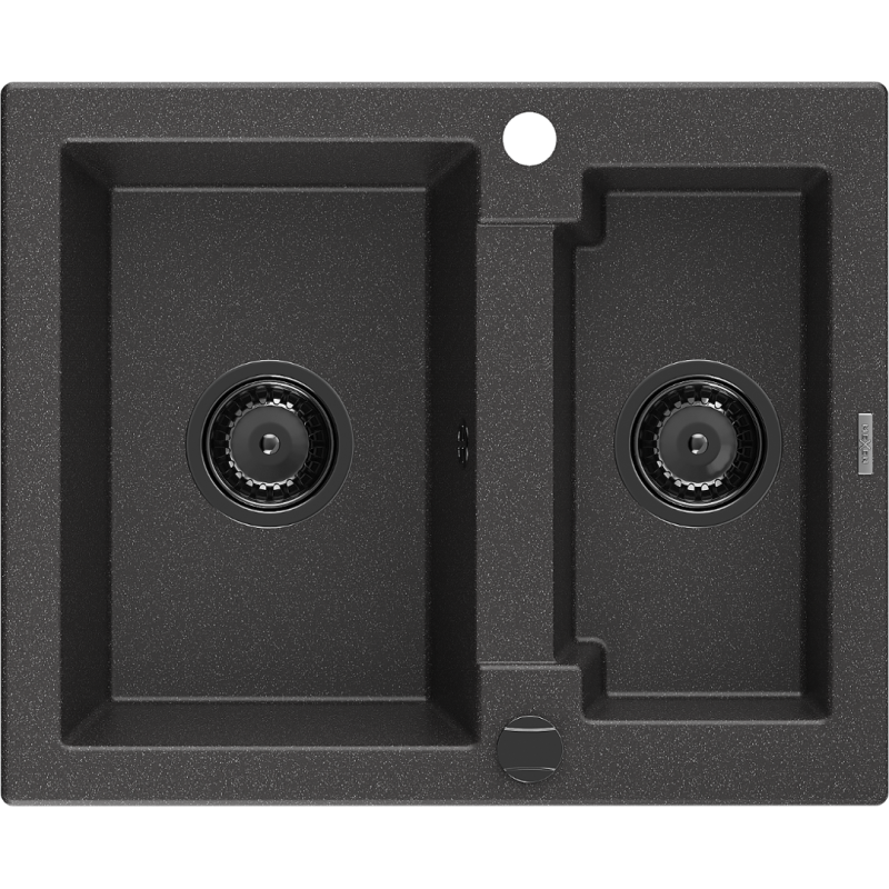 Mexen Carlos granit gootsteen 1,5-komoren 582 x 475 mm, zwart met spikkels, zwarte sifon - 6518581500-76-B