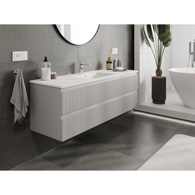 Mexen Rivel armoire de salle de bains 140 cm avec lavabo Otis, 2 tiroirs, rainurée, gris mat/blanc mat -
