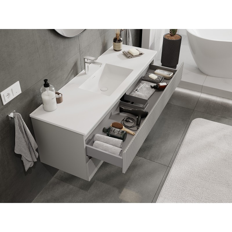 Mexen Rivel armoire de salle de bains 140 cm avec lavabo Otis, 2 tiroirs, rainurée, gris mat/blanc mat -