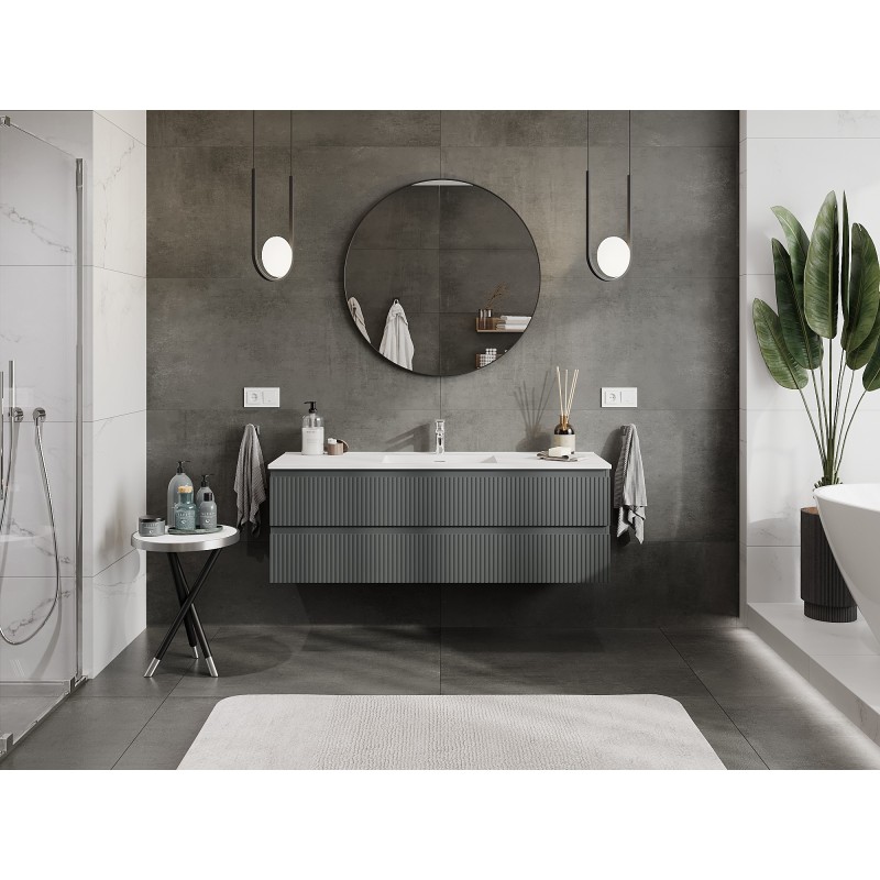 Mexen Rivel meuble de salle de bain 140 cm avec lavabo Otis, 2 tiroirs, rainuré, graphite mat/blanc mat -