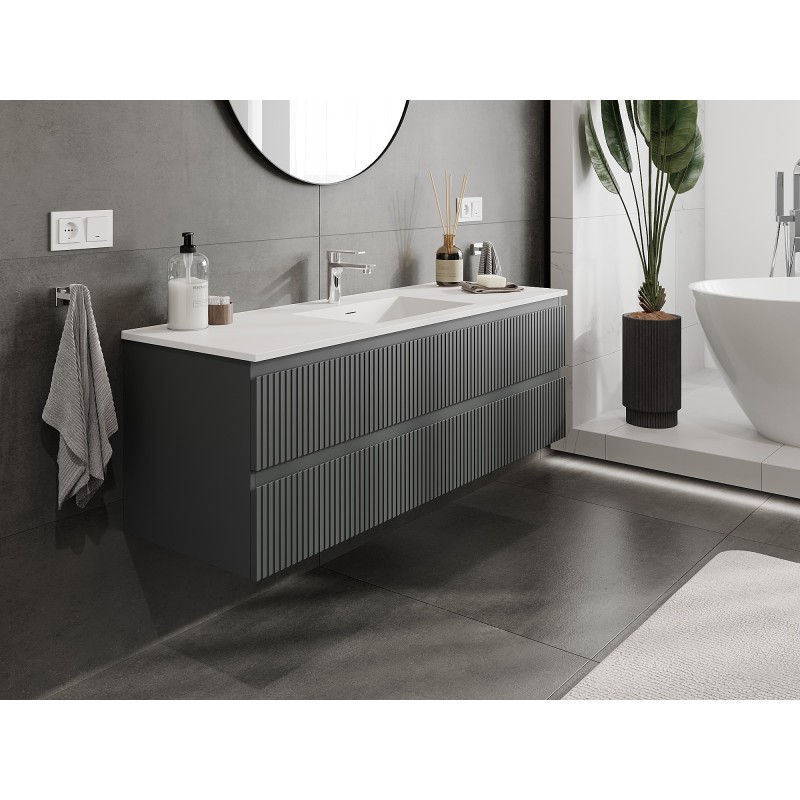 Mexen Rivel szafka łazienkowa 140 cm z umywalką Otis, 2 szuflady, ryflowana , grafit mat/biała mat - 91A20-14047-2-BFF66-W18M