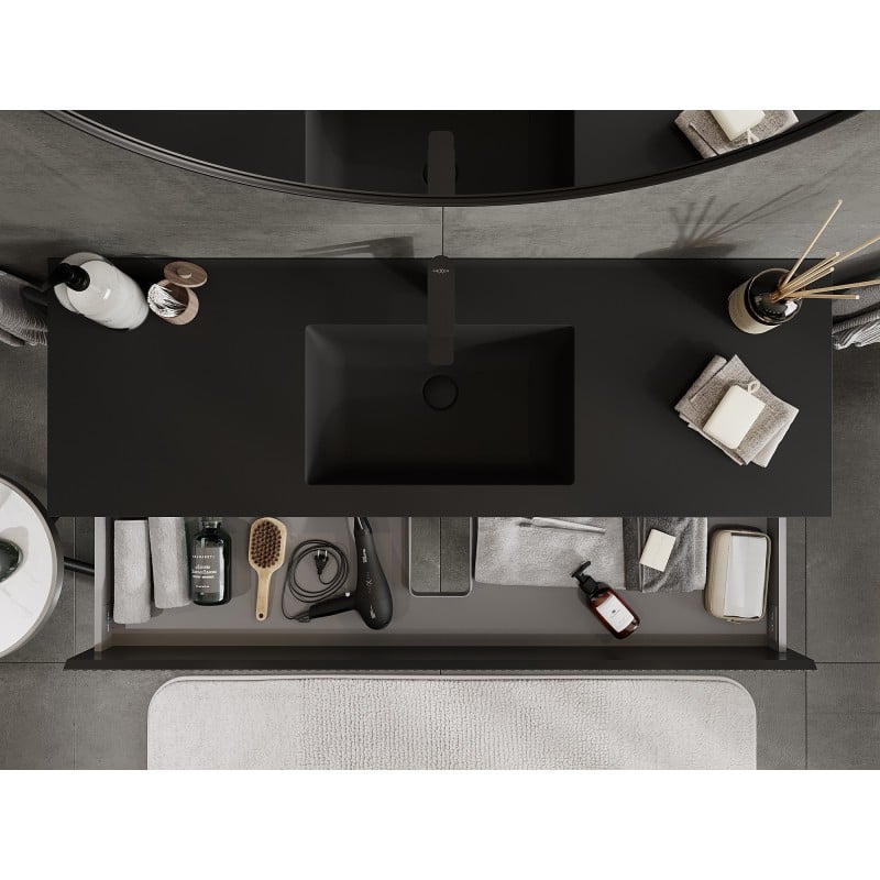 Mexen Rivel armário de casa de banho 140 cm com lavatório Otis, 2 gavetas, canelado, preto fosco - 91A20-14047-2-BFF71-W18M71