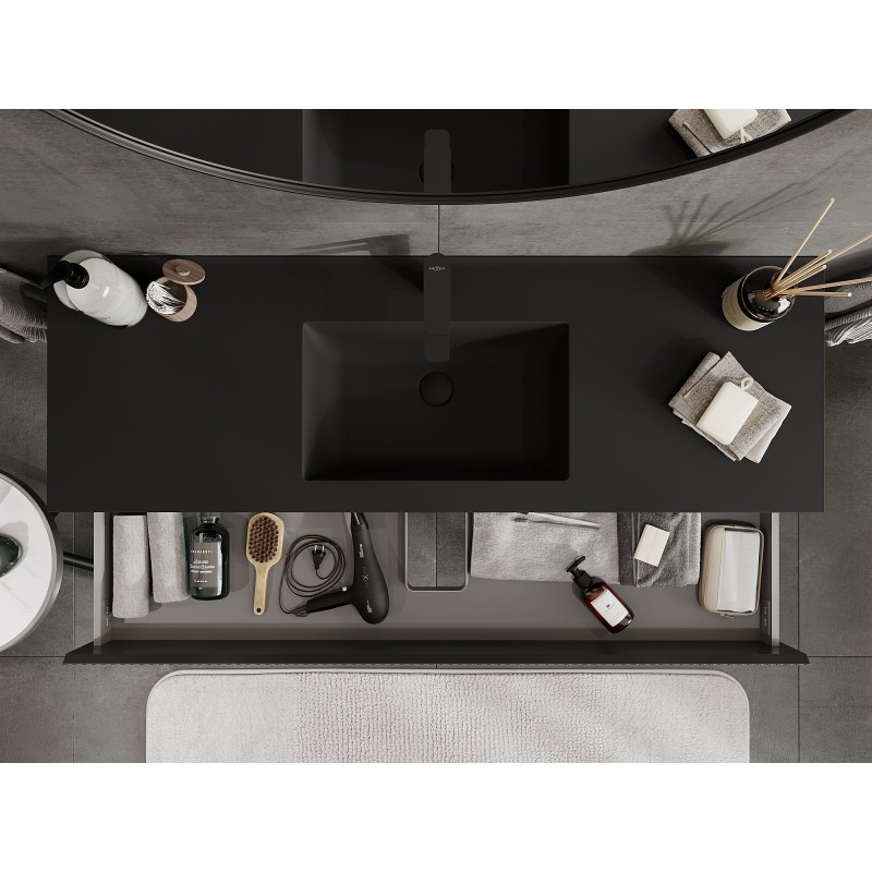 Mexen Rivel Badezimmerschrank 140 cm mit Waschbecken Otis, 2 Schubladen, gerillt, schwarz matt - 91A20-14047-2-BFF71-W18M71