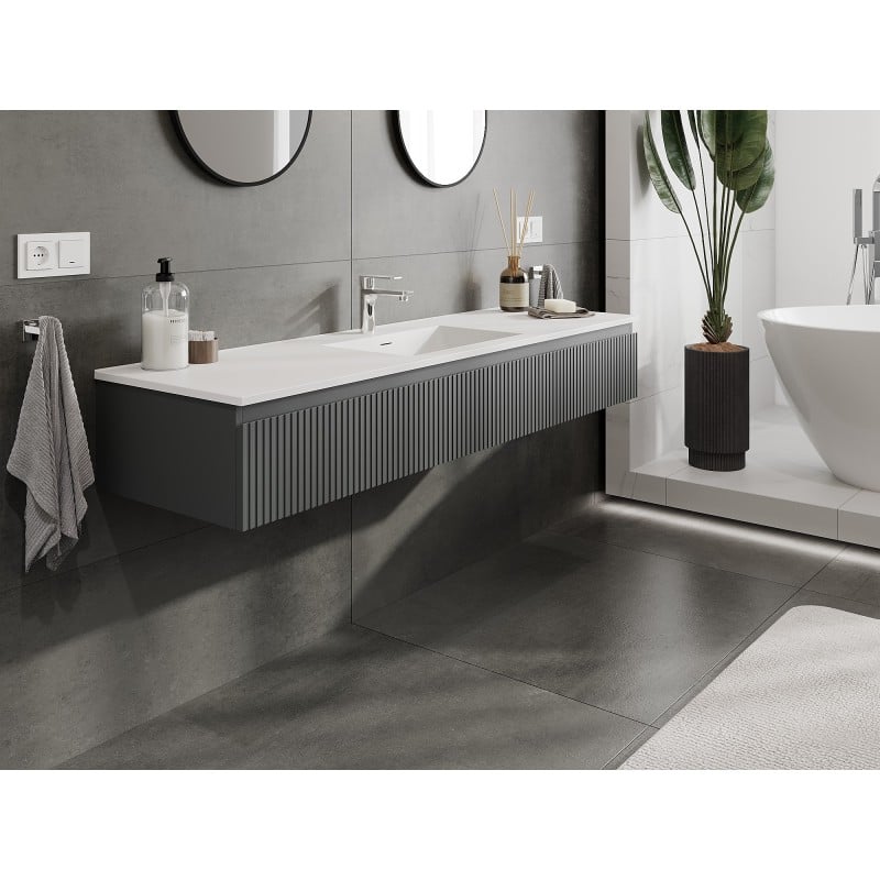 Mexen Rivel armário de casa de banho 160 cm com lavatório Otis, 1 gaveta, canelado, grafite mate/branco mate -