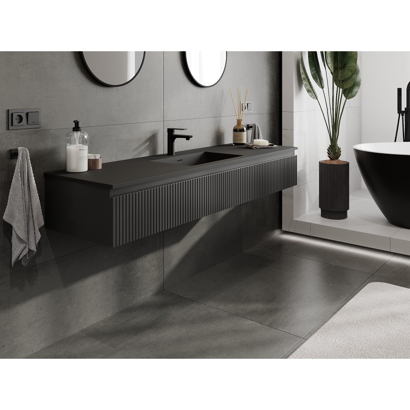 Mexen Rivel mueble de baño de 160 cm con lavabo Otis, 1 cajón, estriado, negro mate - 91A20-16023-1-BF71-W18M71