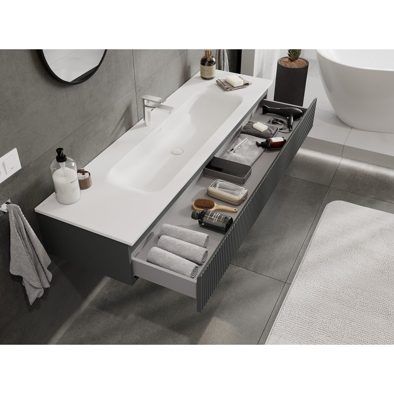 Mexen Rivel szafka łazienkowa 160 cm z umywalką Vela, 1 szuflada, ryflowana , grafit mat/biała mat - 91A20-16023-1-BF66-W23M0