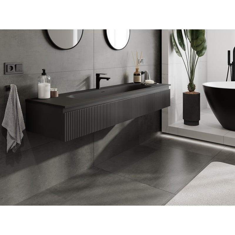 Mexen Rivel meuble de salle de bain 160 cm avec lavabo Vela, 1 tiroir, rainuré, noir mat - 91A20-16023-1-BF71-W23M71