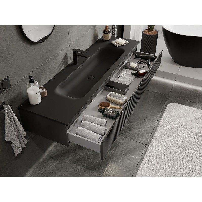 Mexen Rivel armário de casa de banho 160 cm com lavatório Vela, 1 gaveta, ranhurado, preto mate - 91A20-16023-1-BF71-W23M71