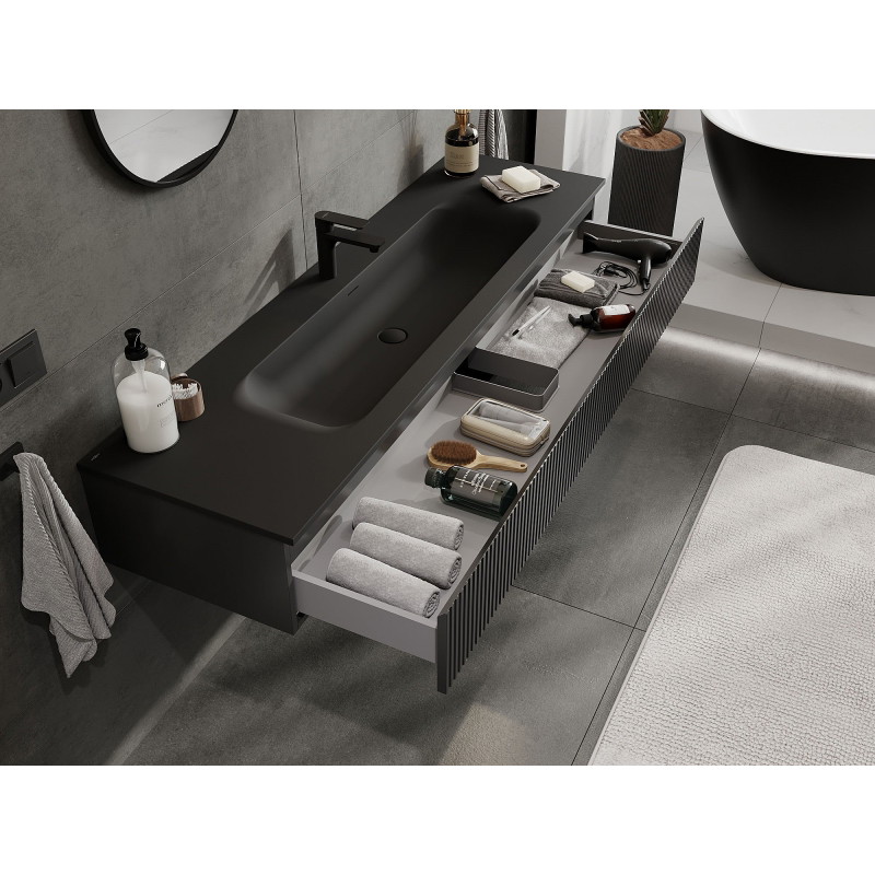 Mexen Rivel Badezimmerschrank 160 cm mit Waschbecken Vela, 1 Schublade, geriffelt, schwarz matt - 91A20-16023-1-BF71-W23M71