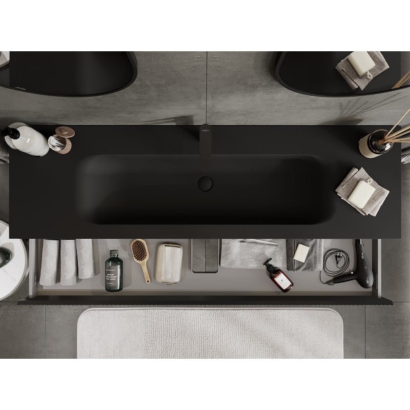 Mexen Rivel badkamerkast 160 cm met wastafel Vela, 1 lade, geribbeld, zwart mat - 91A20-16023-1-BF71-W23M71