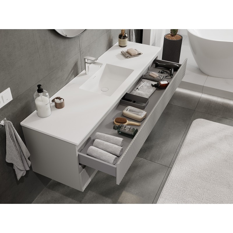 Mexen Rivel armario de baño de 160 cm con lavabo Otis, 2 cajones, estriado, gris mate/blanco mate - 91A20-16047-2-BFF62-W18M0