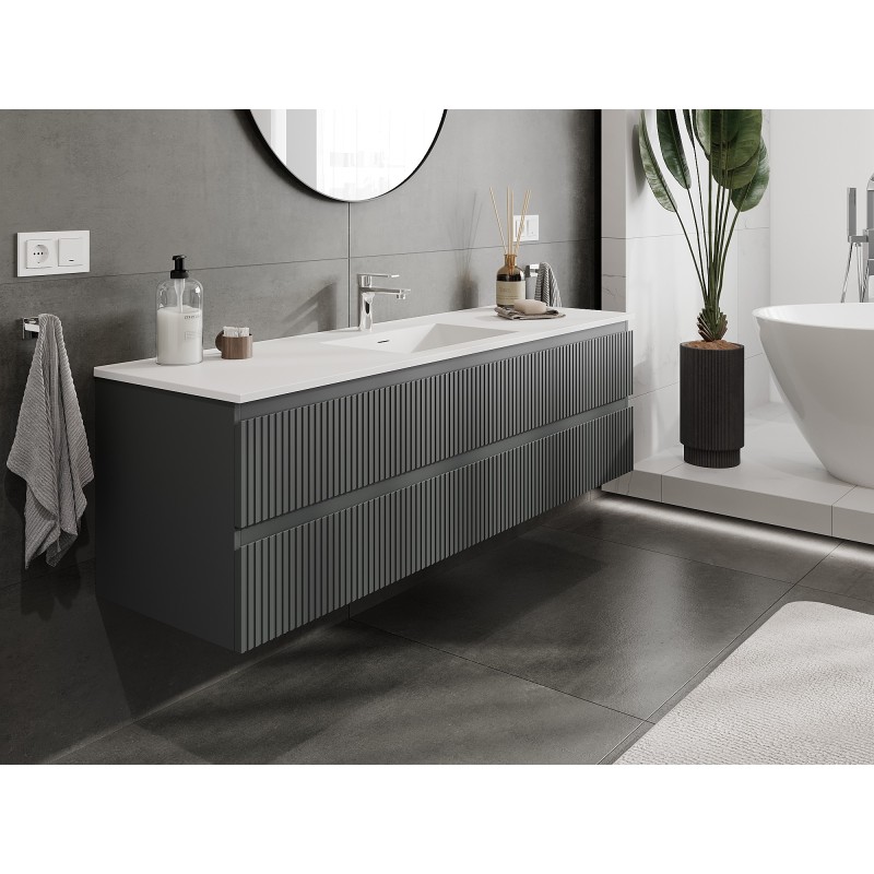 Mexen Rivel Badezimmerschrank 160 cm mit Waschbecken Otis, 2 Schubladen, geriffelt, graphit matt/weiß matt -