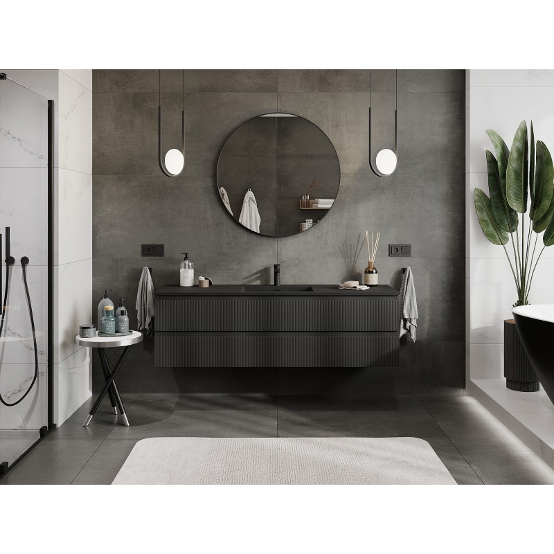 Mexen Rivel 160 cm Bathroom Cabinet with Otis Basin, 2 Drawers, Grooved, Black Matte - 91A20-16047-2-BFF71-W18M71