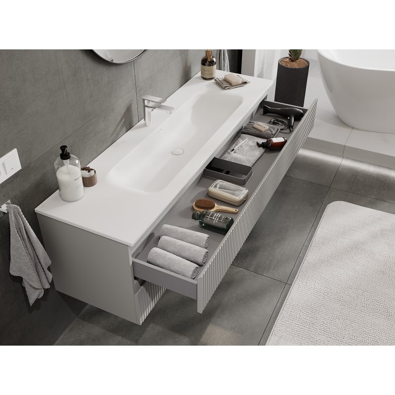 Mexen Rivel bathroom cabinet 160 cm with sink Vela, 2 drawers, ribbed, gray matte/white matte - 91A20-16047-2-BFF62-W23M0