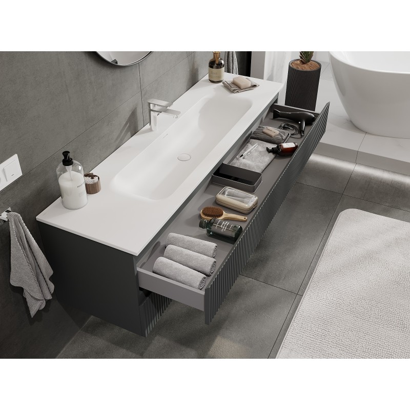 Mexen Rivel armario de baño de 160 cm con lavabo Vela, 2 cajones, estriado, grafito mate/blanco mate - 91A20-16047-2-BFF66-W23M