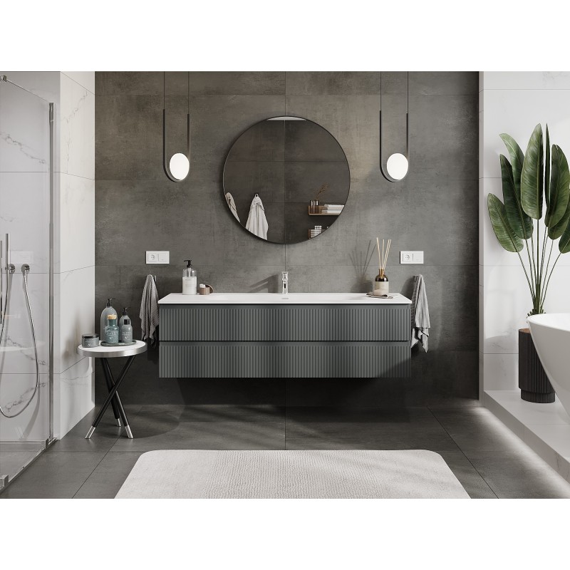 Mexen Rivel Meuble de salle de bain 160 cm avec lavabo Vela, 2 tiroirs, rainuré, graphite mat/blanc mat -