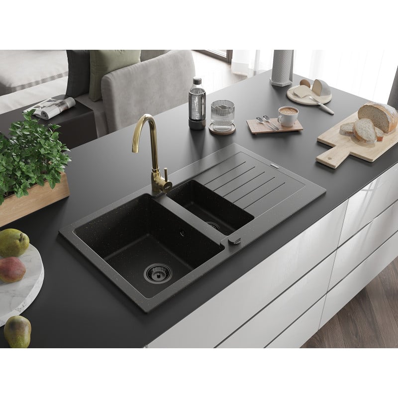 Mexen Matias fregadero de granito 1,5 senos con escurridor y grifo de cocina Telma, negro/dorado - 6502-75-670200-50-B