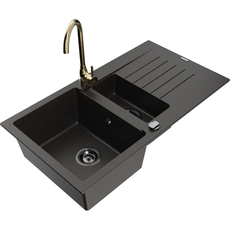 Mexen Matias 1,5-allasinen graniittinen pesuallas kuivatusalueella ja keittiöhanalla Telma, musta/kultainen