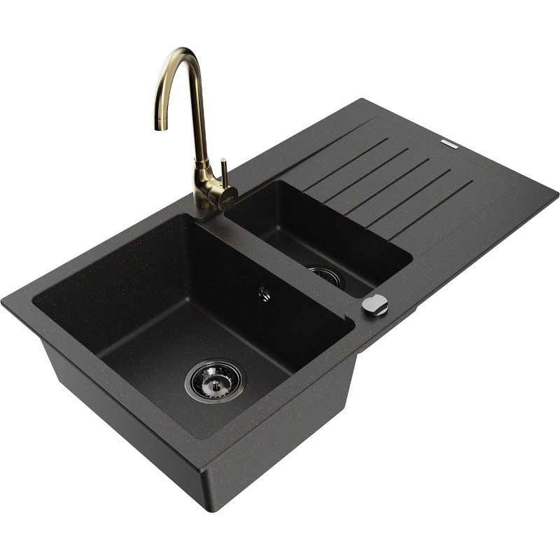 Mexen Matias fregadero de granito de 1,5 senos con escurridor y grifo de cocina Telma, negro/oro - 6502-75-670200-50-B