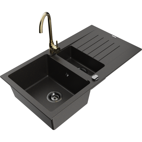 Mexen Matias fregadero de granito 1,5 senos con escurridor y grifo de cocina Telma, negro/dorado - 6502-75-670200-50-B