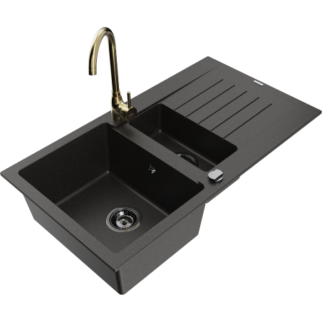 Mexen Matias granite sink 1.5-bowl with drainer and Telma kitchen tap, black/gold - 6502-75-670200-50-B