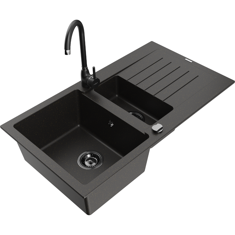 Mexen Matias 1.5-bowl granite sink with draining board and Telma kitchen tap, black/gold - 6502-75-670200-70-B
