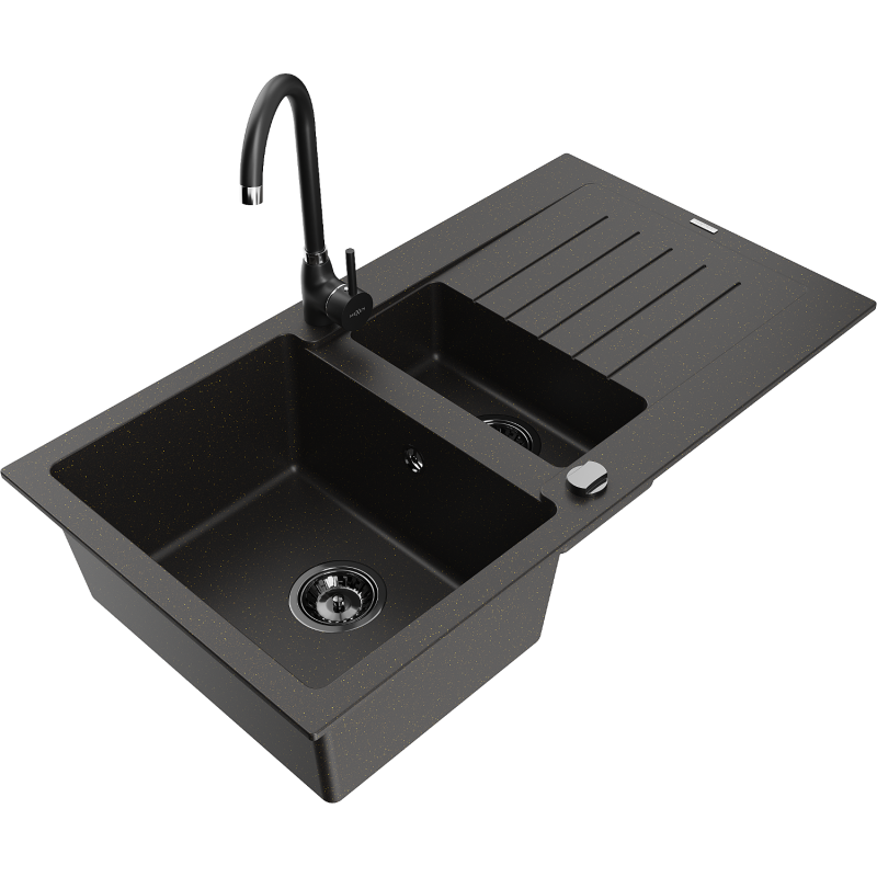 Mexen Matias évier en granit 1,5 bac avec égouttoir et mitigeur de cuisine Telma, noir/or - 6502-75-670200-70-B
