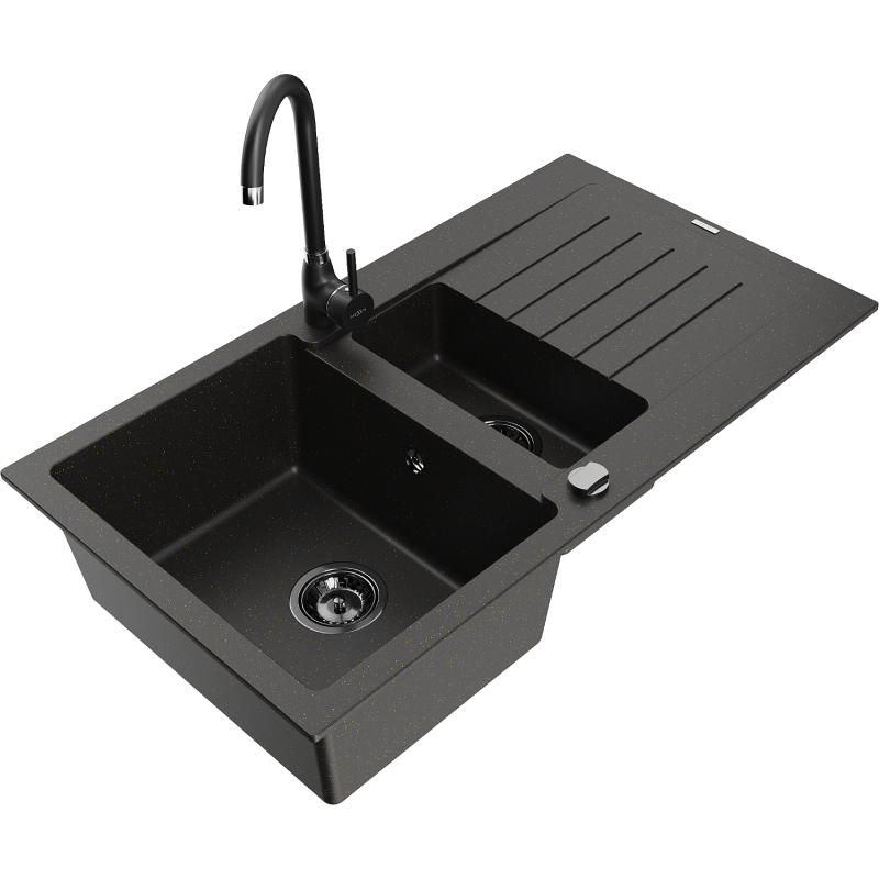 Mexen Matias fregadero de granito 1,5-comparte con escurridor y grifo de cocina Telma, negro/dorado - 6502-75-670200-70-B