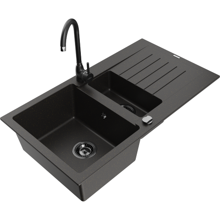 Mexen Matias 1.5-bowl granite sink with drainer and Telma kitchen faucet, black/gold - 6502-75-670200-70-B