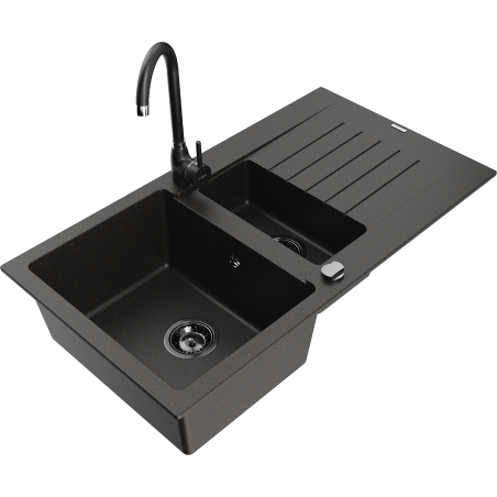 Mexen Matias 1.5-bowl granite sink with draining board and Telma kitchen tap, black/gold - 6502-75-670200-70-B