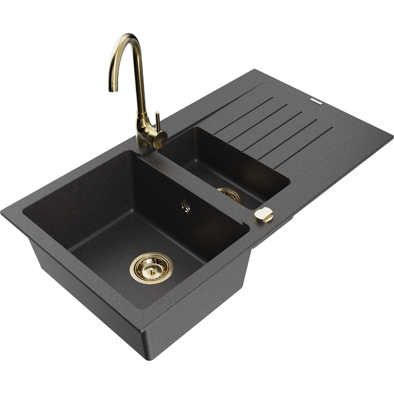 Mexen Matias fregadero de granito 1,5 senos con escurridor y grifo de cocina Telma, negro moteado - 6502-76-670200-50