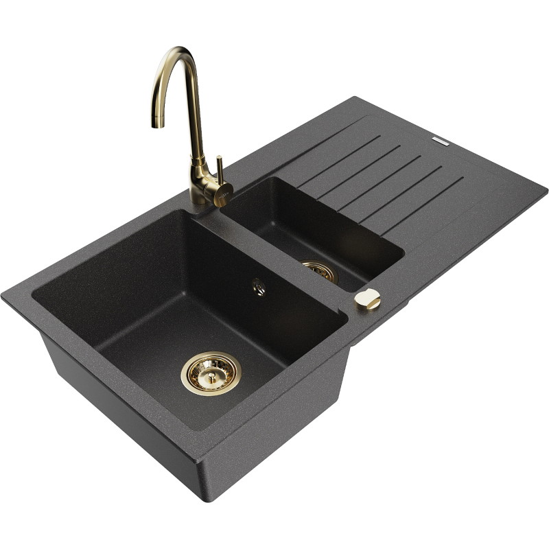 Mexen Matias fregadero de granito de 1,5 senos con escurridor y grifo de cocina Telma, negro moteado - 6502-76-670200-50