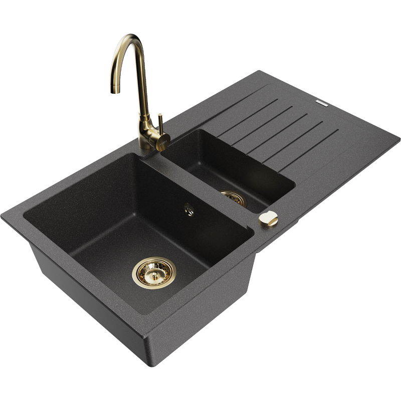 Mexen Matias granitdiskbänk 1,5-fack med avrinningsområde och köksblandare Telma, svart spräcklig - 6502-76-670200-50