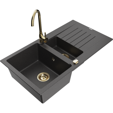 Mexen Matias fregadero de granito 1,5 senos con escurridor y grifo de cocina Telma, negro moteado - 6502-76-670200-50