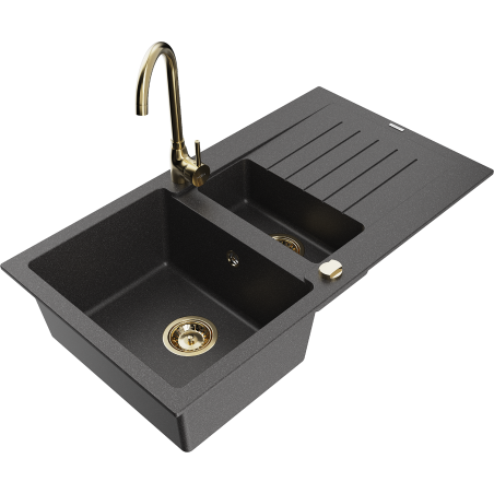 Mexen Matias granite sink 1.5-bowl with drainer and Telma kitchen faucet, speckled black - 6502-76-670200-50