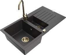 Mexen Matias fregadero de granito 1,5 senos con escurridor y grifo de cocina Telma, negro moteado - 6502-76-670200-50