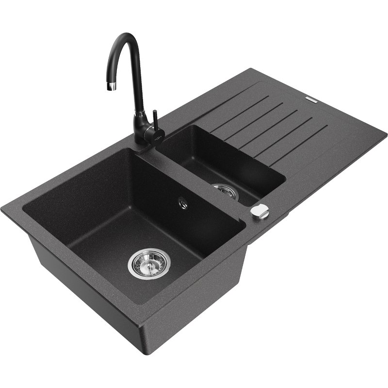 Mexen Matias fregadero de granito 1,5 senos con escurridor y grifo de cocina Telma, negro moteado - 6502-76-670200-70