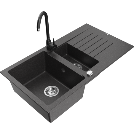 Mexen Matias granieten gootsteen 1,5-komor met afdruipplaat en keukenmengkraan Telma, zwart gespikkeld - 6502-76-670200-70