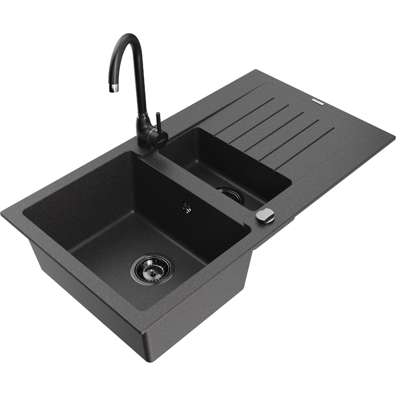 Mexen Matias fregadero de granito 1,5 senos con escurridor y grifo de cocina Telma, negro moteado - 6502-76-670200-70-B