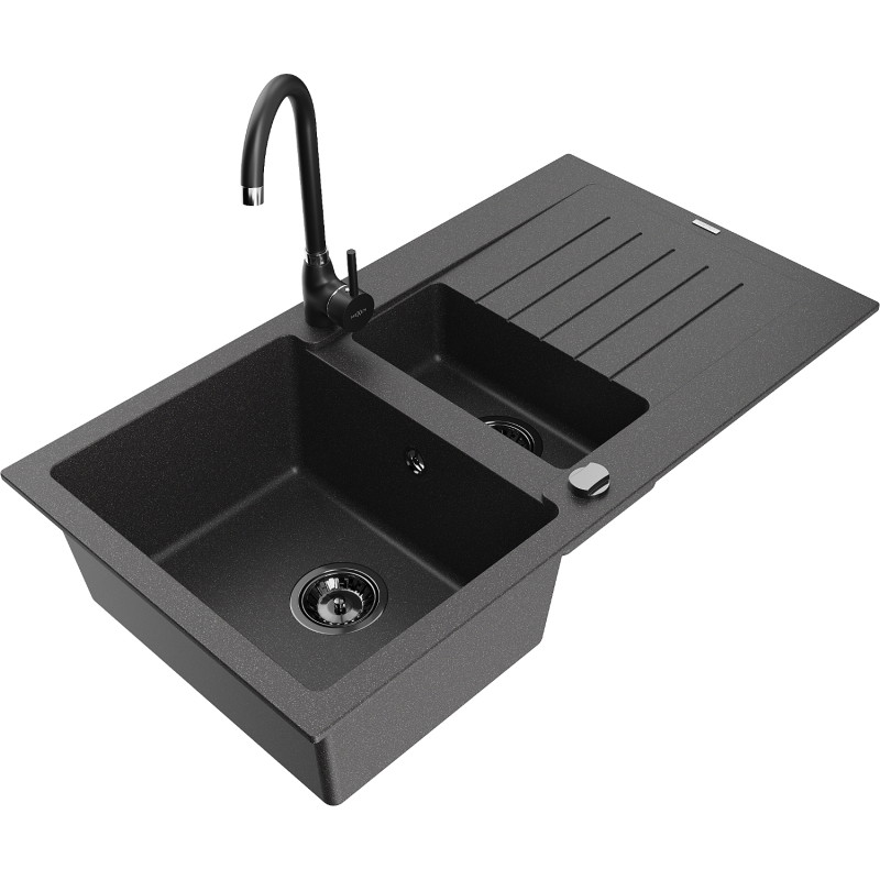 Mexen Matias fregadero de granito de 1,5 senos con escurridor y grifo de cocina Telma, negro con motas - 6502-76-670200-70-B
