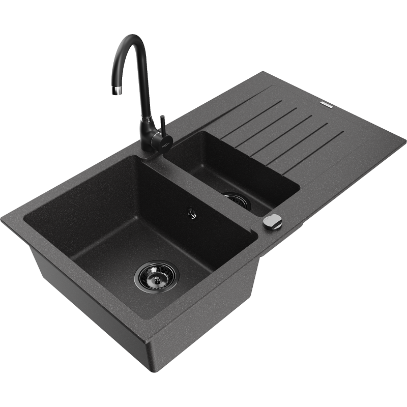 Mexen Matias granite kitchen sink 1.5-bowl with drainer and Telma kitchen tap, black speckled - 6502-76-670200-70-B
