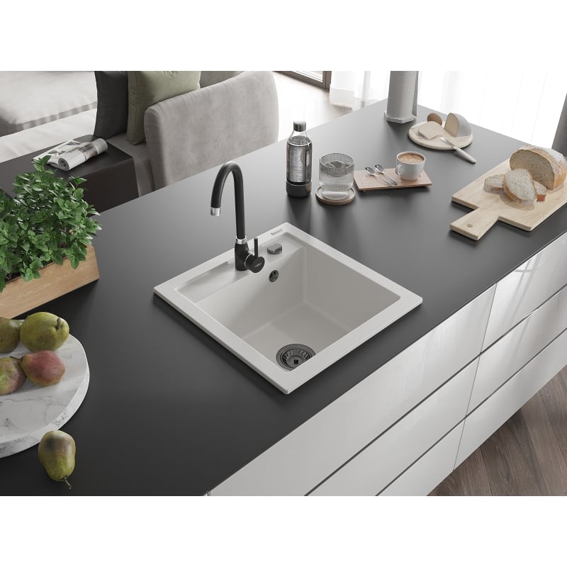 Mexen Vito 1-bowl granite sink with Telma kitchen faucet, white - 6503-20-670200-70