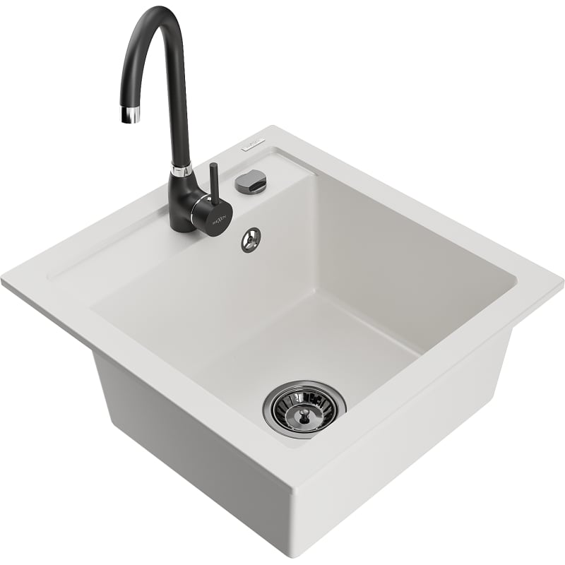 Mexen Vito 1-bowl granite sink with Telma kitchen faucet, white - 6503-20-670200-70