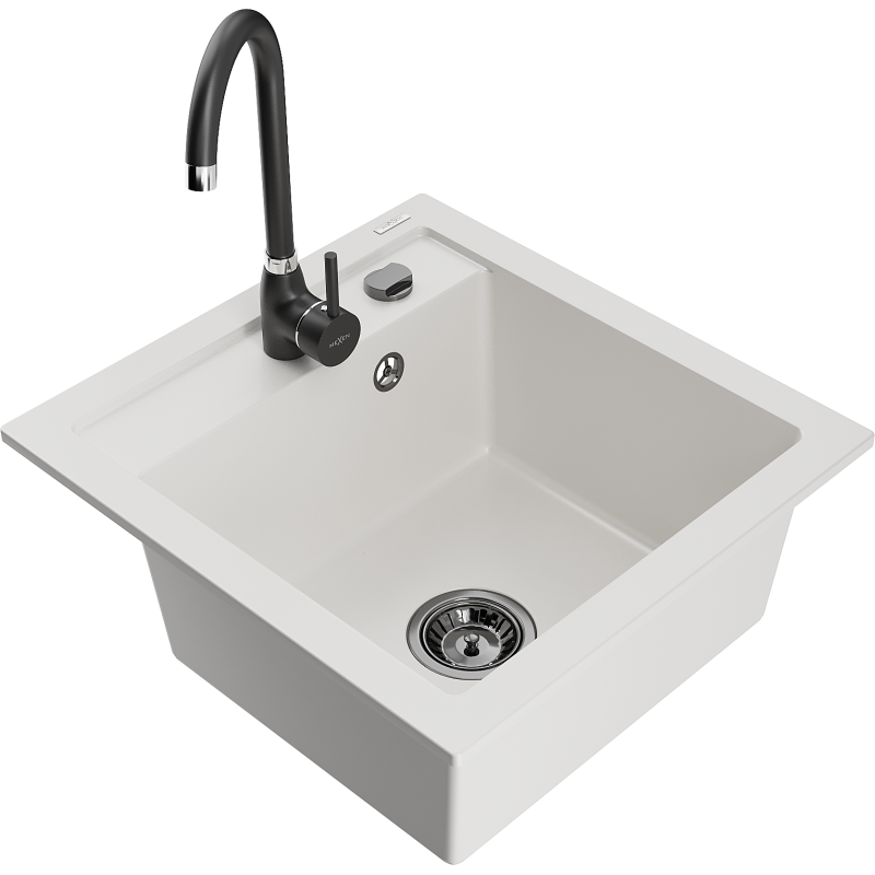 Mexen Vito graniittinen yksialtainen keittiöallas Telma hanalla, valkoinen - 6503-20-670200-70