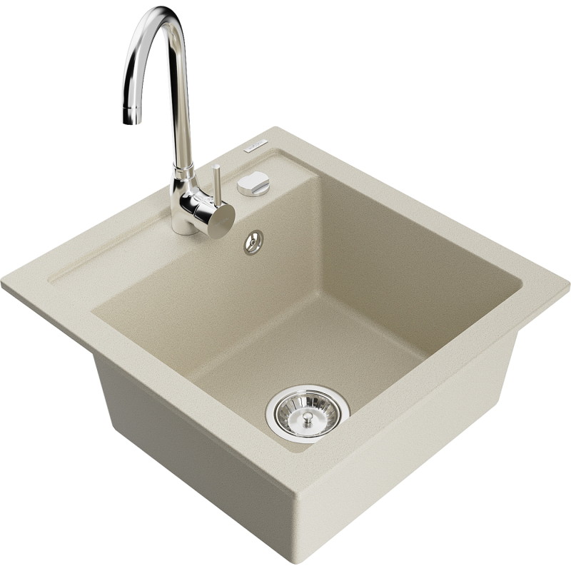 Mexen Vito granitische gootsteen met 1 bak en Telma keukenkraan, beige - 6503-69-670200-00