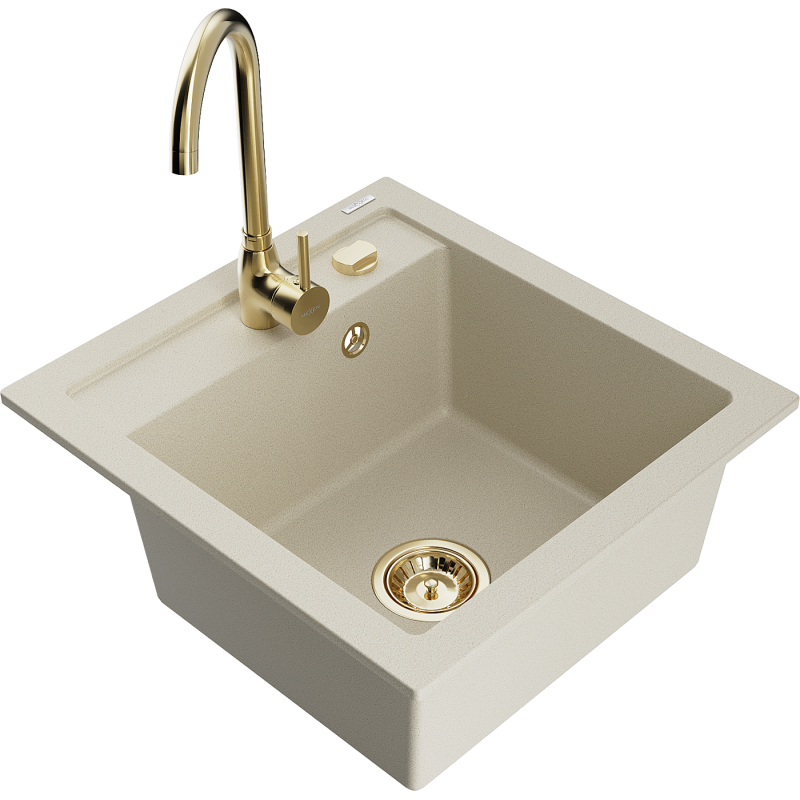 Mexen Vito 1-bowl granite sink with Telma kitchen tap, beige - 6503-69-670200-50