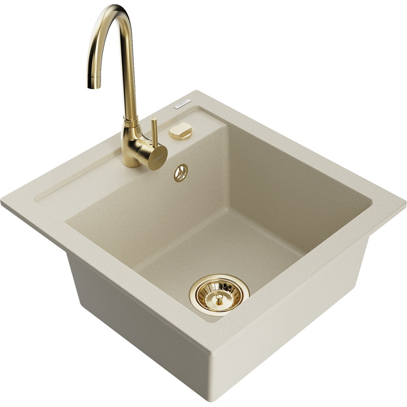 Mexen Vito granitische 1-kommer gootsteen met keukenkraan Telma, beige - 6503-69-670200-50