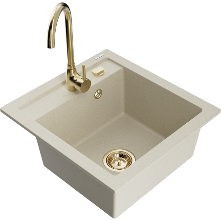Mexen Vito graniittinen 1-altaainen keittiöallas Telma keittiöhanalla, beige - 6503-69-670200-50